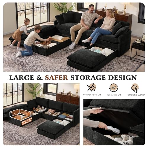 Image of Ihanherry Oversized Sectional Sofa Bed with Storage, 103 inch 6-Seater Modular Cloud Couch with Movable Ottomans, Chenille Deep Seat Sleeper Couches for Living Room (Black)