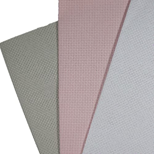 Image of KCS 3 pc of 12 inch x 18 inch 14CT Counted Cotton Aida Cloth Cross Stitch Fabric (White Opal+Pink+Pearl Gray)