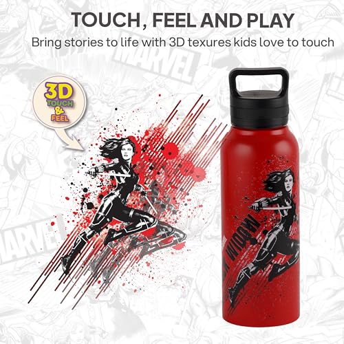 Image of CELLO Kidzbee Aqualoop 3D Black Widow Design Stainless Steel Kids Water Bottle For Daily Use 790 ml, Red | 3D Touch & Feel Print, Single Wall Fridge Safe Rustproof & Leakproof School Kids Water Bottle
