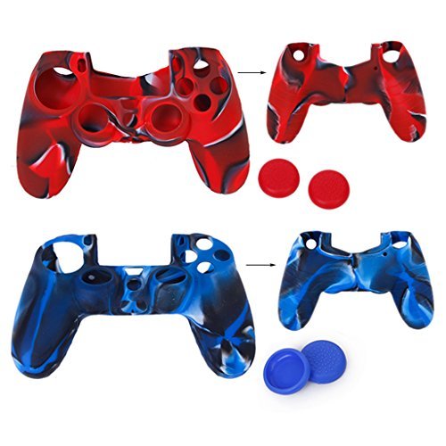 Preisvergleich Produktbild Videoleuchte Schutzhüllen Schutz-Silikon + 2 Paar Kappen Schutzkappen Joystick Kunststoff für PS4 Controller Rot Camo und Blau Camo