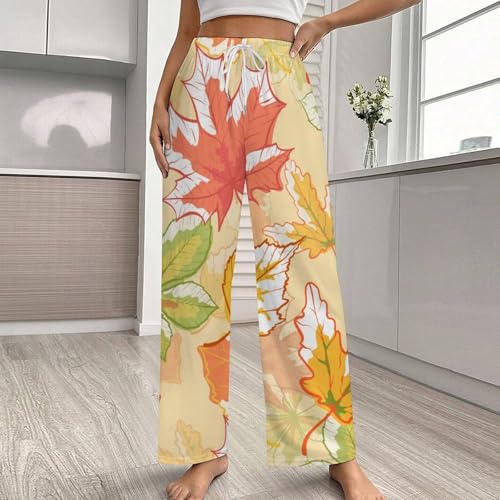 Unisex Pajama Pants, Autumn Leaf Pattern Retro Drawstring Waist Loose Fit PJ Sleepwears with Pockets for Coulpe2
