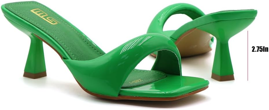 Women's Leather One Band Square Open Toe Stiletto Slide Sandals Fashion Slip-On Sexy Kitten Heel Mule Sandals Wedding Party Evening Prom Dance Backless Dress Slipper Pump Shoes
