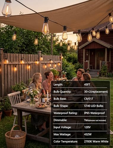 Image of GOOTHY LED Outdoor String Lights 45Ft Patio Lights with 32 Shatterproof ST40 Vintage Edison Bulbs (2 Spare), Hanging Outdoor Light UL Listed for Porch Garden Backyard Balcony Decor