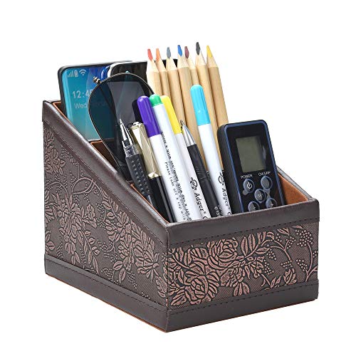 Siveit Vintage Remote Control Holder, Leather Remote Control Caddy, Leather Desk Organizer Storage Container, Office Supplies Desktop Organizer Rack, Brown, 3 Slots