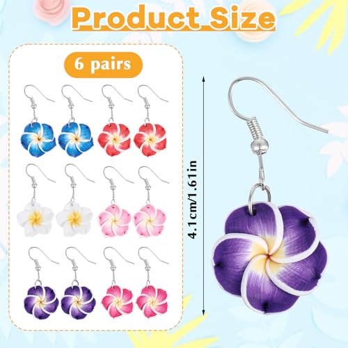 6 Pairs Hawaiian Flower Earrings, Bohemia Tropical Plumeria Drop Earrings, Beach Floral Hibiscus Earring for Beach Party, Wedding Vacation, Hawaiian Jewelry Accessories2