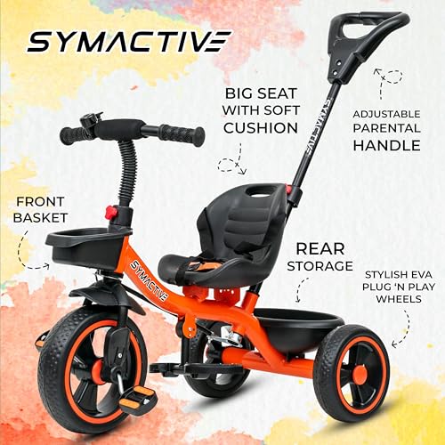 Image of Amazon Brand - Symactive Tricycle for Kids | Plug N Play | Baby Cycle with Parental Control, EVA Wheels, Bell, Seat, Belt & Basket | 2+ Years Unisex | Maximum User Weight Limit 25 Kgs | Orange