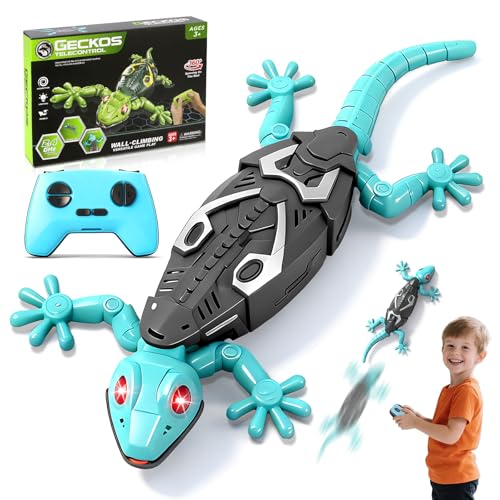MONKROY Wandkletternder Gecko Ferngesteuerter Spielzeug für Kinder – Wiederaufladbarer RC Klettergecko mit LED Augen 360° Drehbar Stoßfestes Geschenk für Jungen Mädchen ab 3 4 5 6 7 8 Jahren