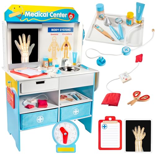 Get Well Doctor Wooden Activity Center- Kids Pretend Play Medical Playset with 16 Fun Accessories, Dual Sided, Office Checkup Kit, X-Rays, Blood Pressure Cuff- Fun Roleplaying Gift for Boys & Girls
