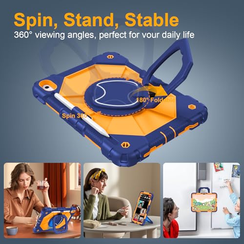Image of Case for iPad (A16) 11th Generation 11 Inch 2025, Ubearkk for iPad 10th Generation 10.9 inch 2022 case with Screen Protector 360 Degree Rotating Stand Shoulder Strap Pencil Holder, Navy Orange