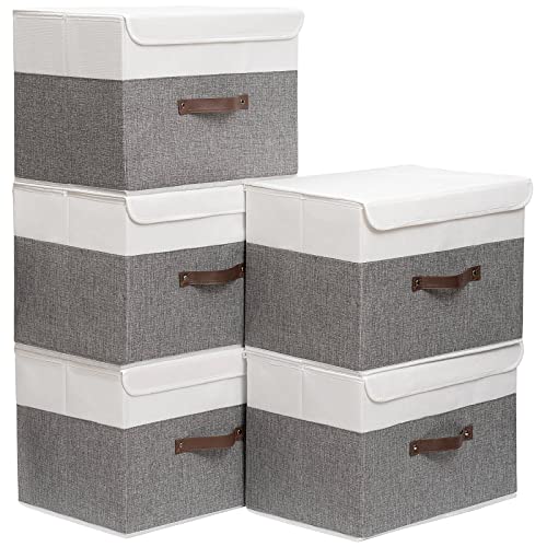 Image of Yawinhe Collapsible Storage Bins,White /Grey,13.0x9.0x7.9in,5-Pack