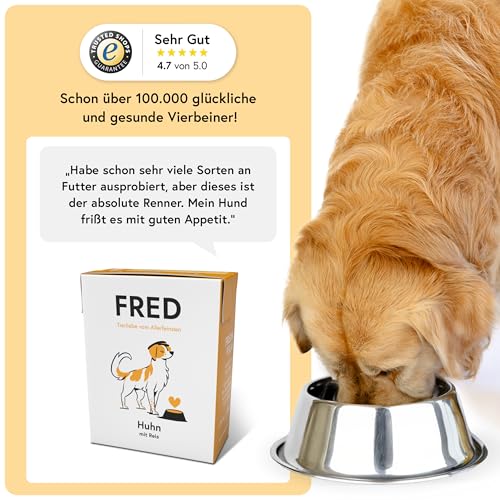 FRED Nassfutter Hund Huhn mit Reis – Monoprotein – 50 % Huhn in Lebensmittelqualität – Getreidefrei – mit Gemüse & Ölen – Alleinfuttermittel für ausgewachsene Hunde – 190 g Tetra Pak