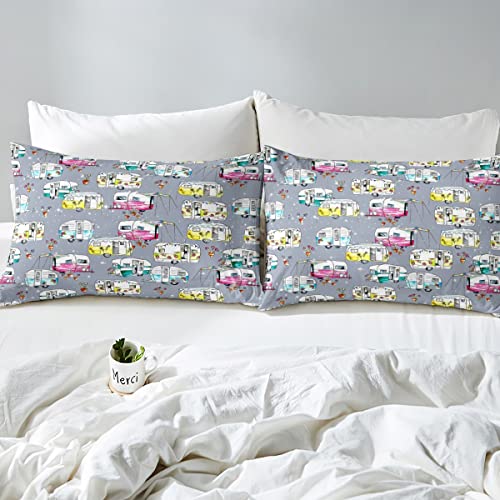 Camper Van Bedding Duvet Cover Set Kids Happy Camping Bedding Set Boys Girls Nature Farmhouse Glitter Decor Comforter Cover Set Microfiber Bedspread Cover Bedroom Bedclothes Single Size - Image 4