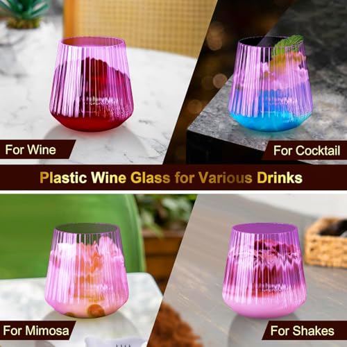 Image of Lueumxc 40 Pack Plastic Ribbed Wine Glasses, 14Oz Origami Disposable Wine Glasses Unbreakable Clear Plastic Cocktail Glasses Recyclable Shatterproof Reusable Wine Cups (14oz-purple-40pack)