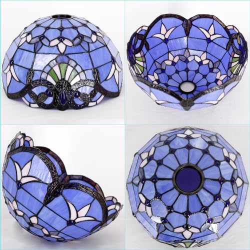 Image of 12 Inch Tiffany Lamp shade Replacement Only(Blue Purple Baroque) | Stained Glass Lampshade Only 1-5 /8-Inch Fitter Opening for Arched Floor Lamp, Torchiere Lamp, Pendant Light