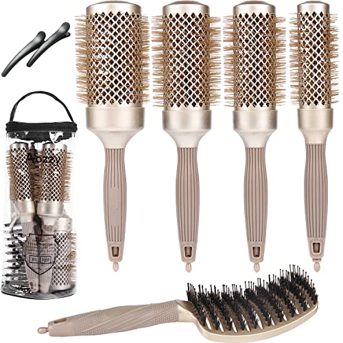 5PCS Round Brush for Blow Drying, Round Brush Set with Boar Bristle Curved Vented Hair Brush, Nano Thermal Ceramic & Ionic Tech Round HairBrush for Drying, Styling, Make Hair Healthy, Shiny, and Soft
