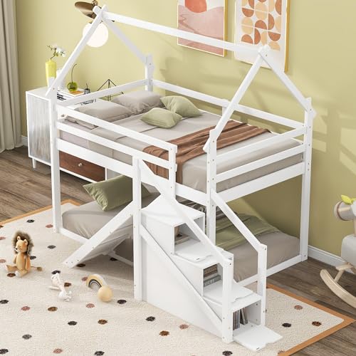 Wekuku White Twin Over Twin House Loft Bunk Bed with Slide Staircase – Fun Space Saving Kids Bedroom for Boys Girls