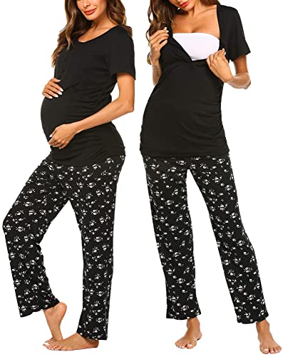 Image of Ekouaer Women's Maternity Nursing Pajamas Sets Breastfeeding Printed Sleepwear Short Sleeve 2 Pcs Henley Top and Pants Set