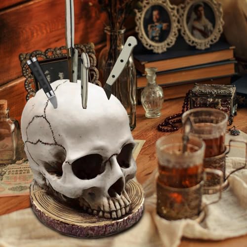 Bloque de almacenamiento de cuchillos de calavera con acabado gótico realista 3