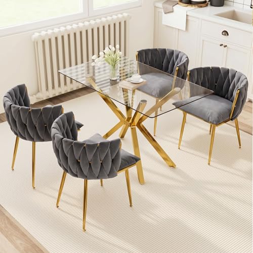 Image of Golden Glass Dining Table Set for 4 with 47.2 inch Rectangular Tempered Glass, 5 Pieces Kitchen Table Set with 4 Comfortable Velvet Chairs for Living Room, Apartments Small Place, Cafe (Grey Chairs)