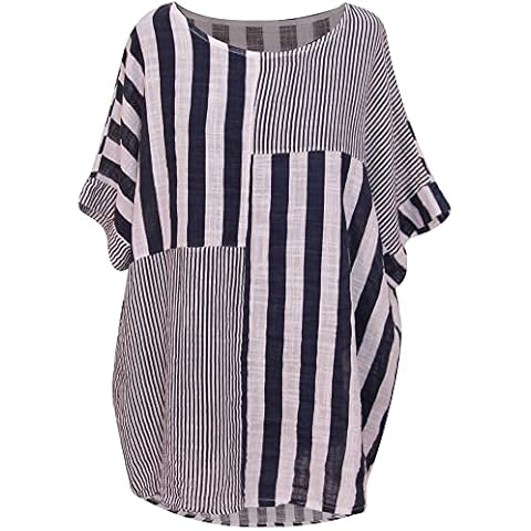 George Hilton Ladies Italian Cotton Stripe Print Top Lagenlook Round Neck Short Sleeves Summer Casual Tunic Top for Girls Fashion Women One Size (14-22) (White) Cover