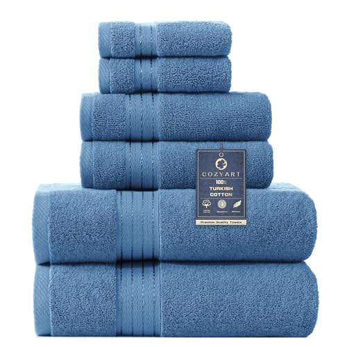 COZYART Denim Blue Bath Towel Set, Turkish Cotton Hotel Large Towel Bulk for Bathroom, Thick Bathroom Sets of 6 with 2 Bath Towels, 2 Hand Towels, 2 Washcloths, 650 GSM