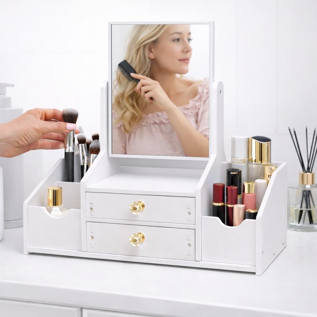 Makeup Organizer with Square Mirror, Vanity Organizer with Drawers and Compartments, Countertop for Skincare, Cosmetic Display Case for Bathroom or Dresser Storage