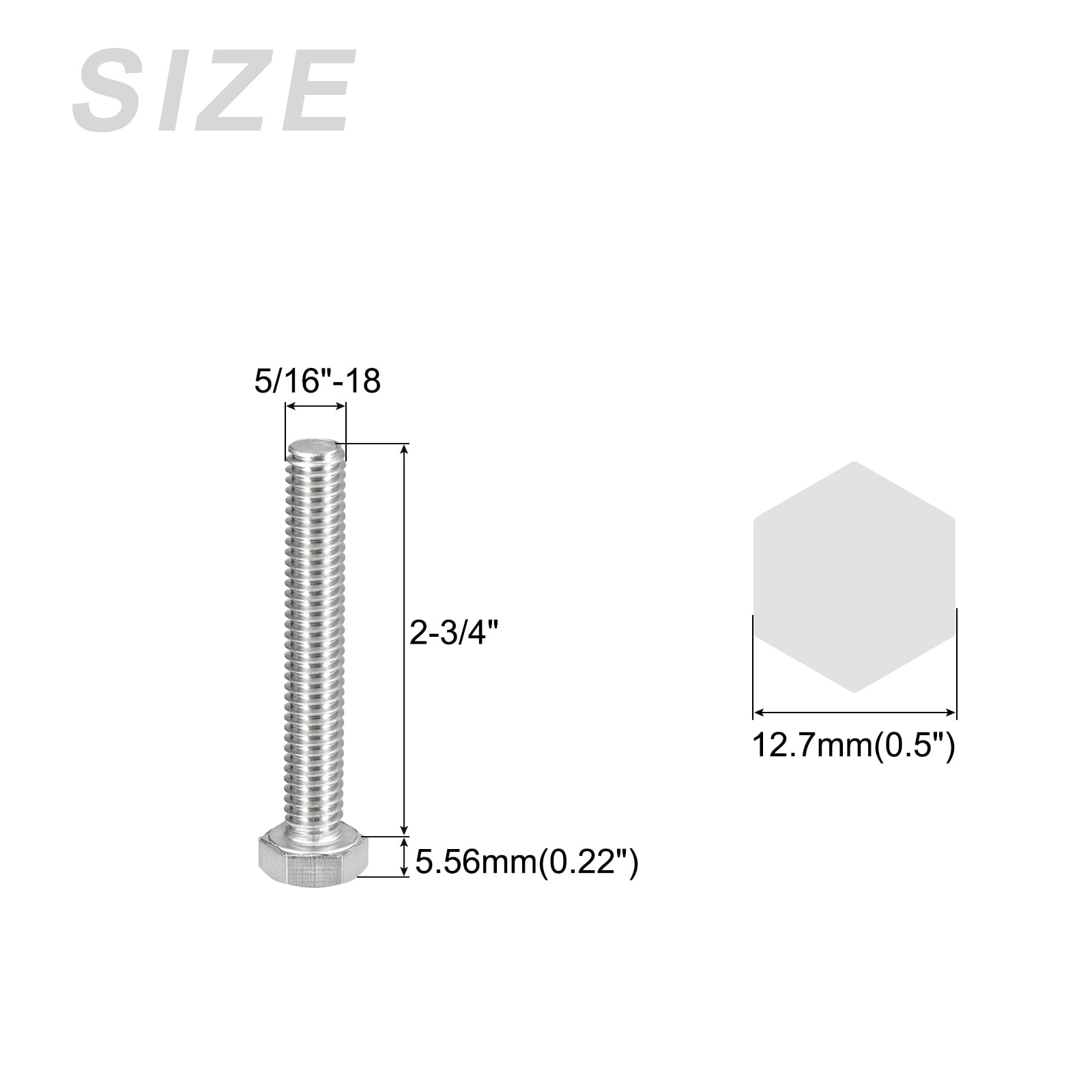 METALLIXITY Hex Head Bolts (5/16-18 x 2-3/4") 15Pcs, 304 Stainless Steel 18-8, Fully Threaded, External Hex Drive - Image 2