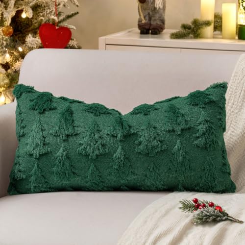 Image of MIULEE Christmas Throw Pillow Covers Lumbar Dark Green Christmas Decorations Xmas Tree 12x24 Pillow Covers Soft Plush Faux Wool Pillowcases Holiday Festivals Winter Home Decor Sofa Couch Bed Porch