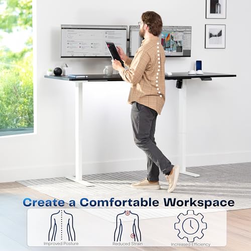 Image of VIVO Black 83 x 30 in Standing Desk, DESK-KIT-1W8B | Electric, Holds 220 lbs, Sit Stand, Height Adjustable, Extra Deep Table Top, Memory Presets, 1B Series, White Frame