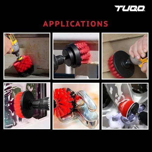 Image of TUQO SB20R Drill Brush Attachment Set | Power Scrubber Cleaning Kit for Outdoor Surfaces, Siding, Gutters, Brick & Garage | Stiff Bristles | Hex Shank Fits Most Drills | Red