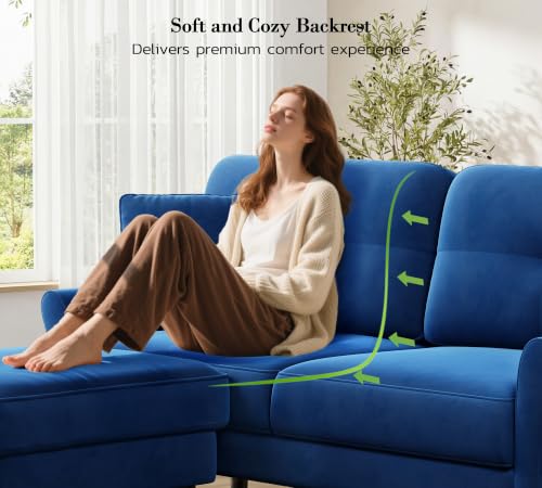 Image of Kidirect Small Sectional Couch, 69 inch L Shaped Couch, Sectional Sofa, Blue | Comfy Velvet Couch, Tool-Free Setup, 750lb Max Load, Movable Ottoman, Ideal for Living Room, Bedroom, Apartment, Office