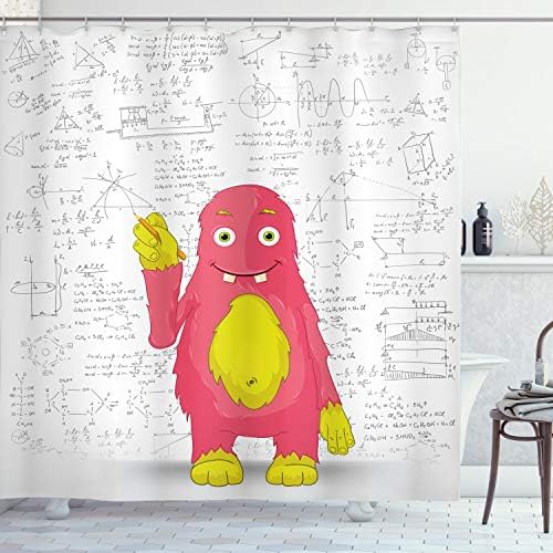 Ambesonne Science Shower Curtain, Funny Smart Monster Doing Math on Wall Science Nerds Comic Illustration, Cloth Fabric Bathroom Decor Set with Hooks,