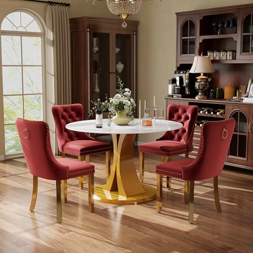 Image of 5-Piece Dining Table Set with 39In Faux Marble Table and 4 Velvet Upholstered Chairs, Modern Scandinavian Furniture for Dining Room Kitchen(Burgundy&Gold)