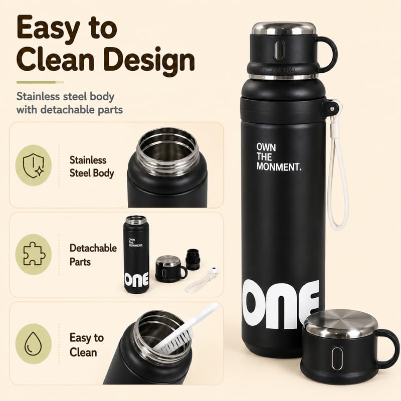 Image of Homero Premium Steel Bottle 1 Litre 1 L, Black Water Bottle with Cup & Straw, Leak Proof Sleek Metal Design for Office, Gym, School, College & Travel Use - Midnight Black