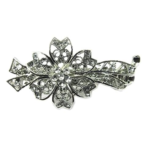 Sufias Accessories Flower Ribbon Antique Filigree Silver Crystal Barrette Bridal Hair Clip Diamante B 5 Cover