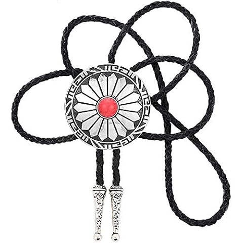 STARBRILLIANT Vintage Indian Style Bolo Tie Center Dotted with Red Stones Cowboy Western Bolo Tie (Red 4) Cover
