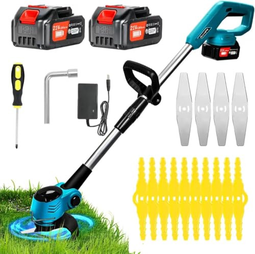 Xbzzgmg Rasentrimmer mit Akku, Akku Rasentrimmer mit 2 Akkus und 2 Messertypen Verstellbarer Freischneider, Teleskop-Freischneider Akku mit Geringem Geräuschpegel für Höfe, Gärten und Gehwegkanten