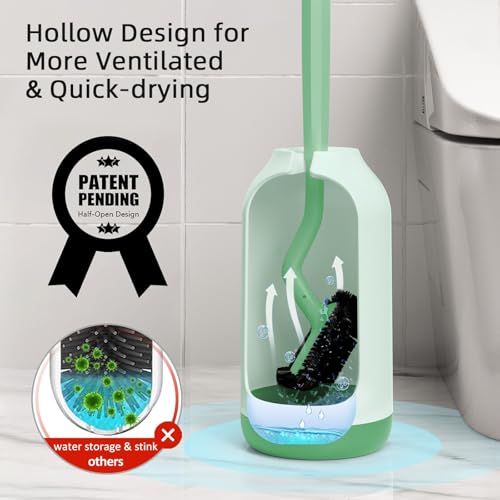 Image of HAMITOR Toilet Bowl Brush Holder Set: Bathroom Deep Cleaning Toilet Cleaner Scrubber Under Rim with Curved Bristle for Dead Corner Clean - Hidden Rv Toilet Decorative Accessories with Caddy- Green