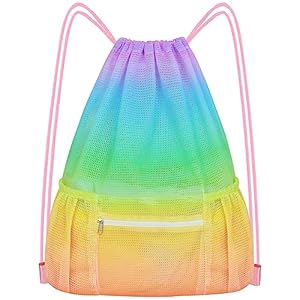 Mesh Drawstring Backpack, Large Sports Gym Bag for Women Kids with Pocket and Zipper Sackpack for Beach Yoga Football Soccer (Colorful)