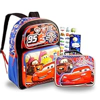 Disney Cars Backpack with Lunch Box Set - Bundle with 16\u201D Lightning McQueen Backpack, Lunch Bag, Stickers, More | Disney Cars School Supplies