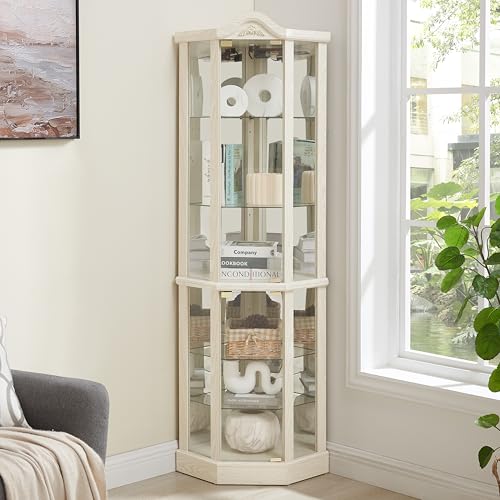 KEIKI 72" Corner Glass Display Cabinet with Adjustable Shelves, for Collectibles, Storage Curio Cabinet with Arched Floral Carving Decoration, 6-Tier Showcase Display Case, for Living Room, White by KEIKI - Image 2