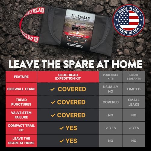 Image of GlueTread Expedition All-Inclusive Off-Road Tire Repair Kit | Repair Any Kind of Tire Damage or Puncture | Includes Sidewall Tire Repair Patches, Plugs, and Colby Emergency Valve Stems