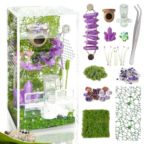 Image of Jumping Spider Enclosure,DIY Insects Habitat,Small Reptile Terrarium Glass House Accessories Set,with Jumping Bridge Hide Water Feeder (Purple)