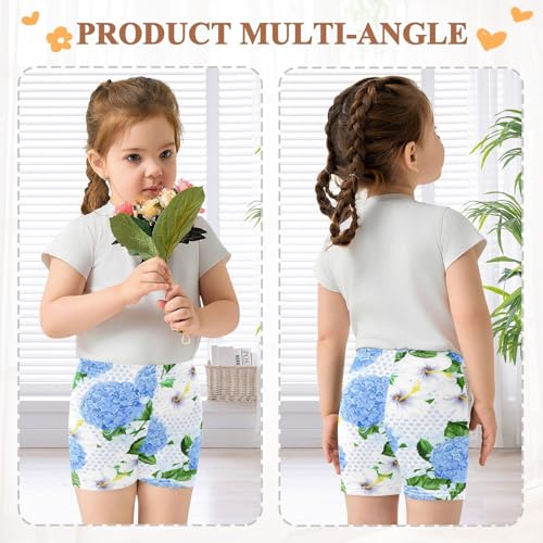 Girls Bike Shorts Blue White Floral Cotton Spandex Cartwheel Shorts for Summer Outfit Toddler, 4T4