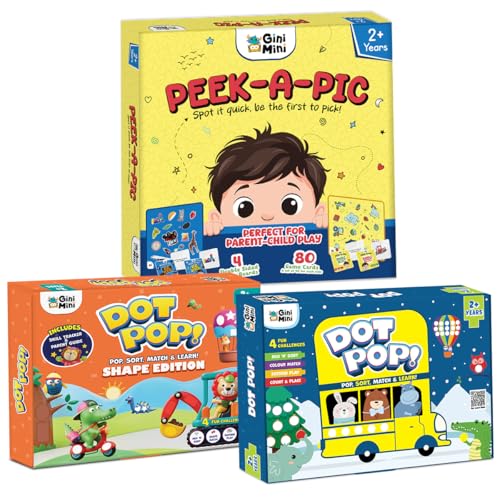 Image of GiniMini Toddler Learning Combo - DOT POP Colour & Counting + DOT POP Shapes + Peek-A-Pic | Educational Toys for Kids 2+ | Sorting Matching Memory & Observation Games | Preschool Learning Activity Kit