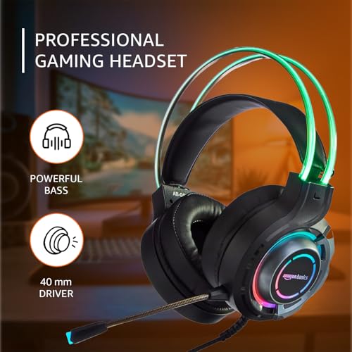 Image of Amazon Basics RGB Wired Gaming On Ear Gaming Headphone, 2 Meter Braided Cable, with mic, Suspension Design, 3.5mm Connector (USB A only for RGB, Black)