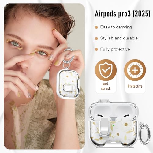 Image of Compatible Airpods Pro 3 Case (2025) with Phone Stand & Cleaner Kit,Cute Flower Print Soft Silicone Lock Clip Apple AirPods Pro 3rd Generation Case, Airpod Pro 3 Cover with Keychain for Women /Girls