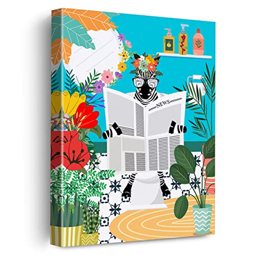 Zebra On Toilet Canvas Poster Painting Wall Art, Bathroom Zebra Picture Artwork Framed Print Ready To Hang For Home Bathroom Wall Decor 12 X 15 Inch #TOP18