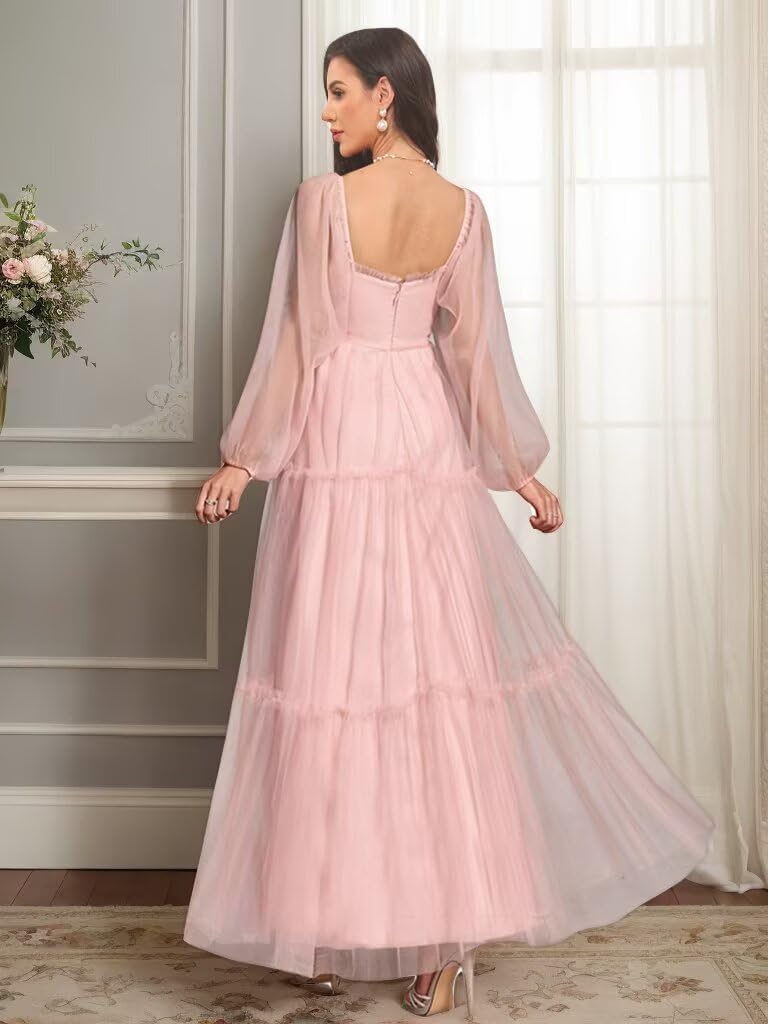 Tulle Tiered Maternity Dresses for Photoshoot Bow Belt A Line Pregnant Dress with Sleeves for Baby Shower - Image 3