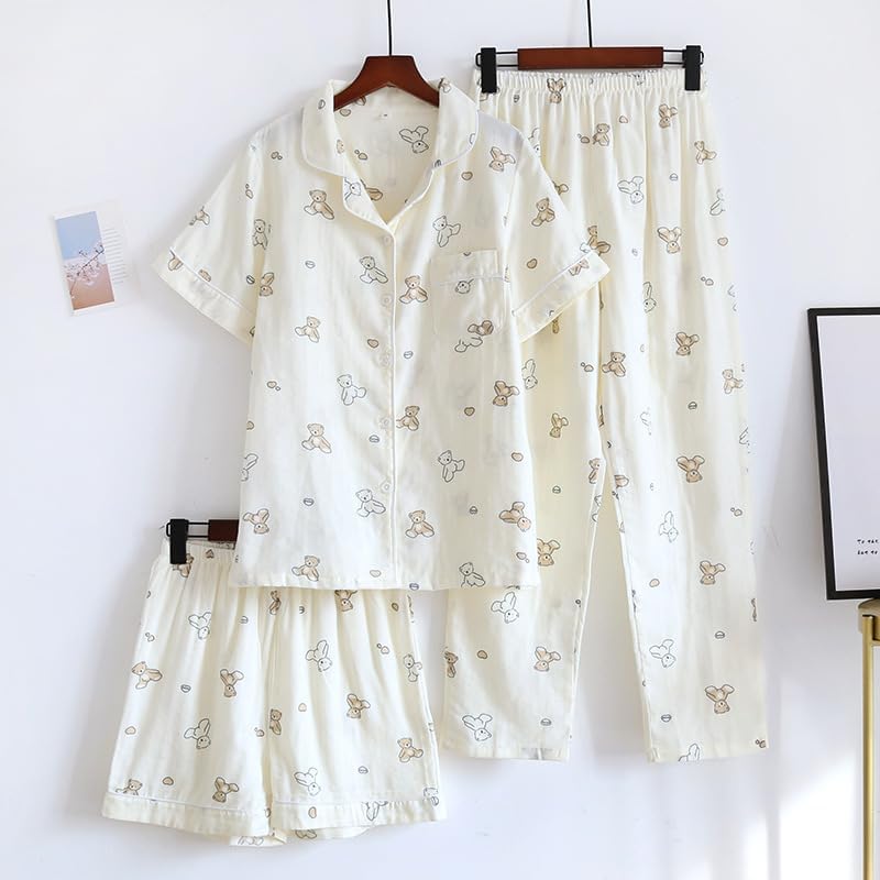 Womens 3pcs Cotton Gauze Pajama Set Short Sleeve Sleepwear Floral Print Cute Pj Set with Long Pants - Image 2